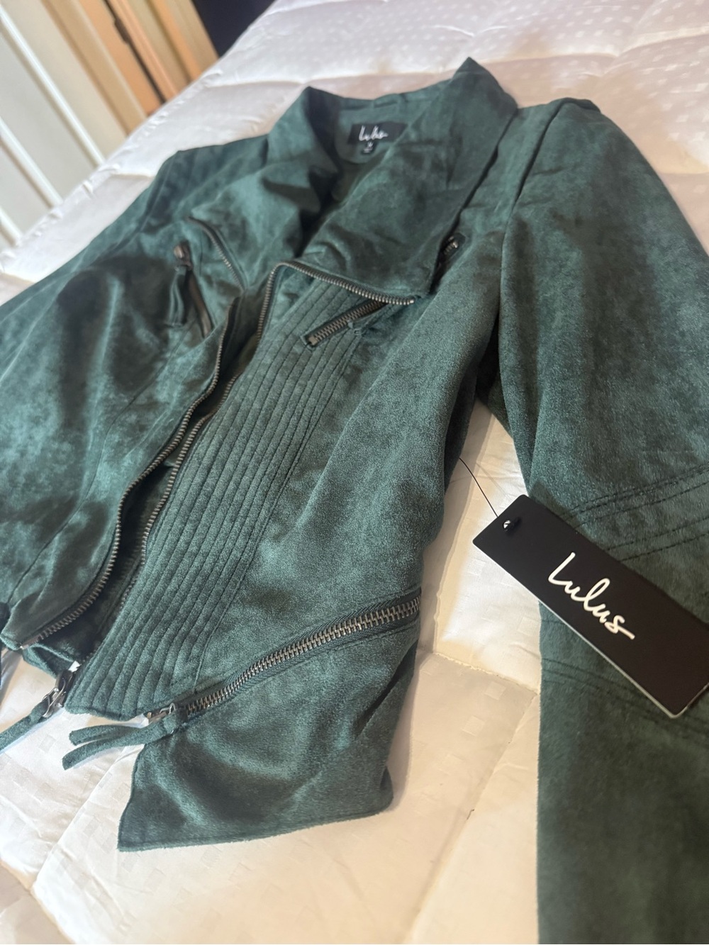 Lulu's Dark Green Faux Suede Moto Jacket